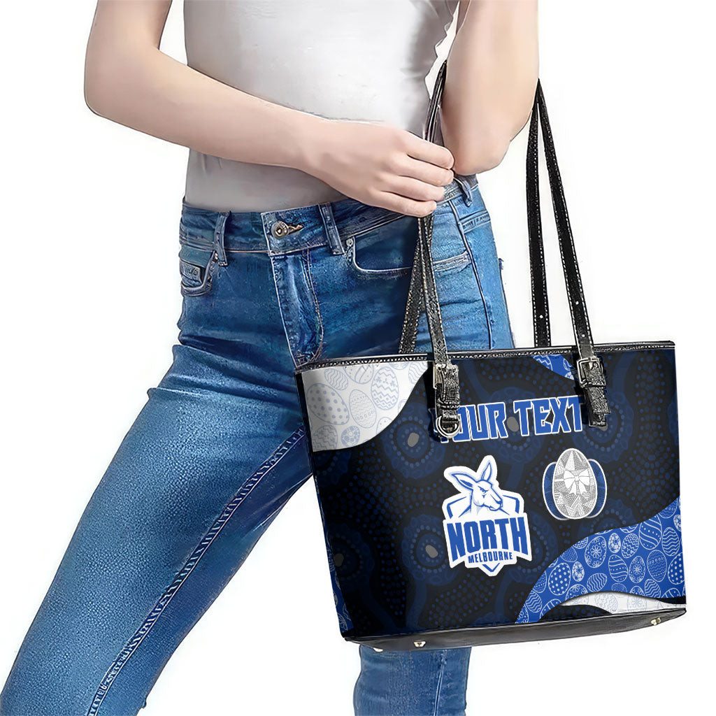 Personalized North Melbourne Football Leather Tote Bag Easter Egg Pattern Blue White Tribal Dot Art Style