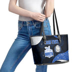Personalized North Melbourne Football Leather Tote Bag Easter Egg Pattern Blue White Tribal Dot Art Style