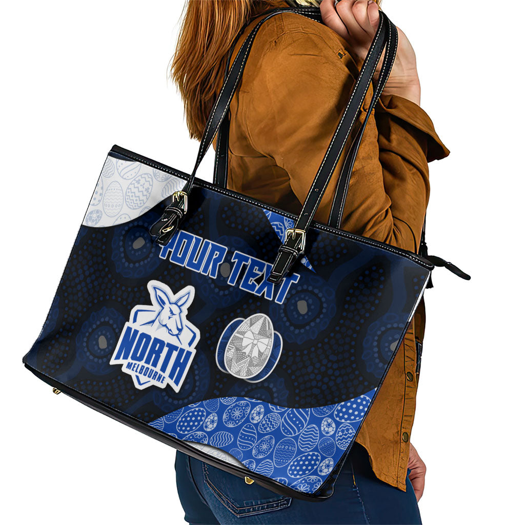 Personalized North Melbourne Football Leather Tote Bag Easter Egg Pattern Blue White Tribal Dot Art Style