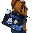 Personalized North Melbourne Football Leather Tote Bag Easter Egg Pattern Blue White Tribal Dot Art Style