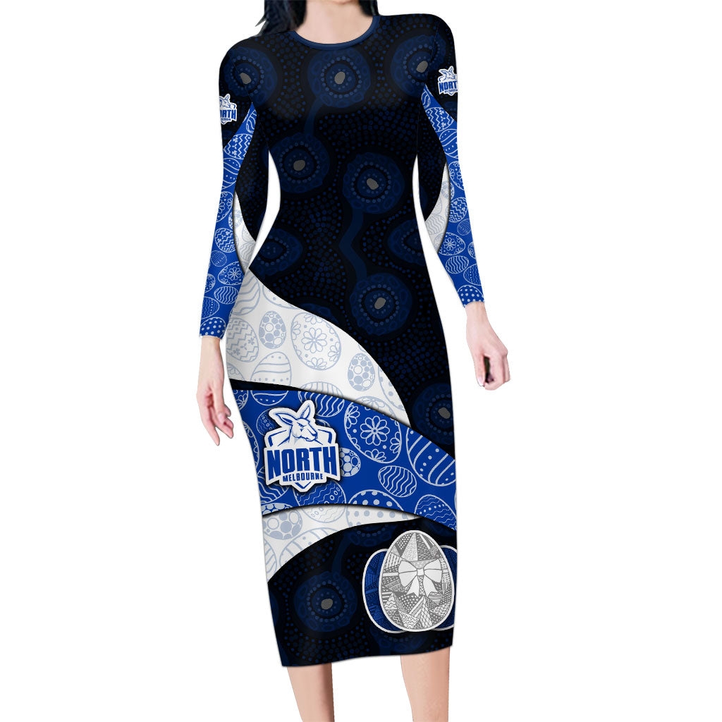 Personalized North Melbourne Football Long Sleeve Bodycon Dress Easter Egg Pattern Blue White Tribal Dot Art Style