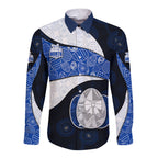 Personalized North Melbourne Football Long Sleeve Button Shirt Easter Egg Pattern Blue White Tribal Dot Art Style