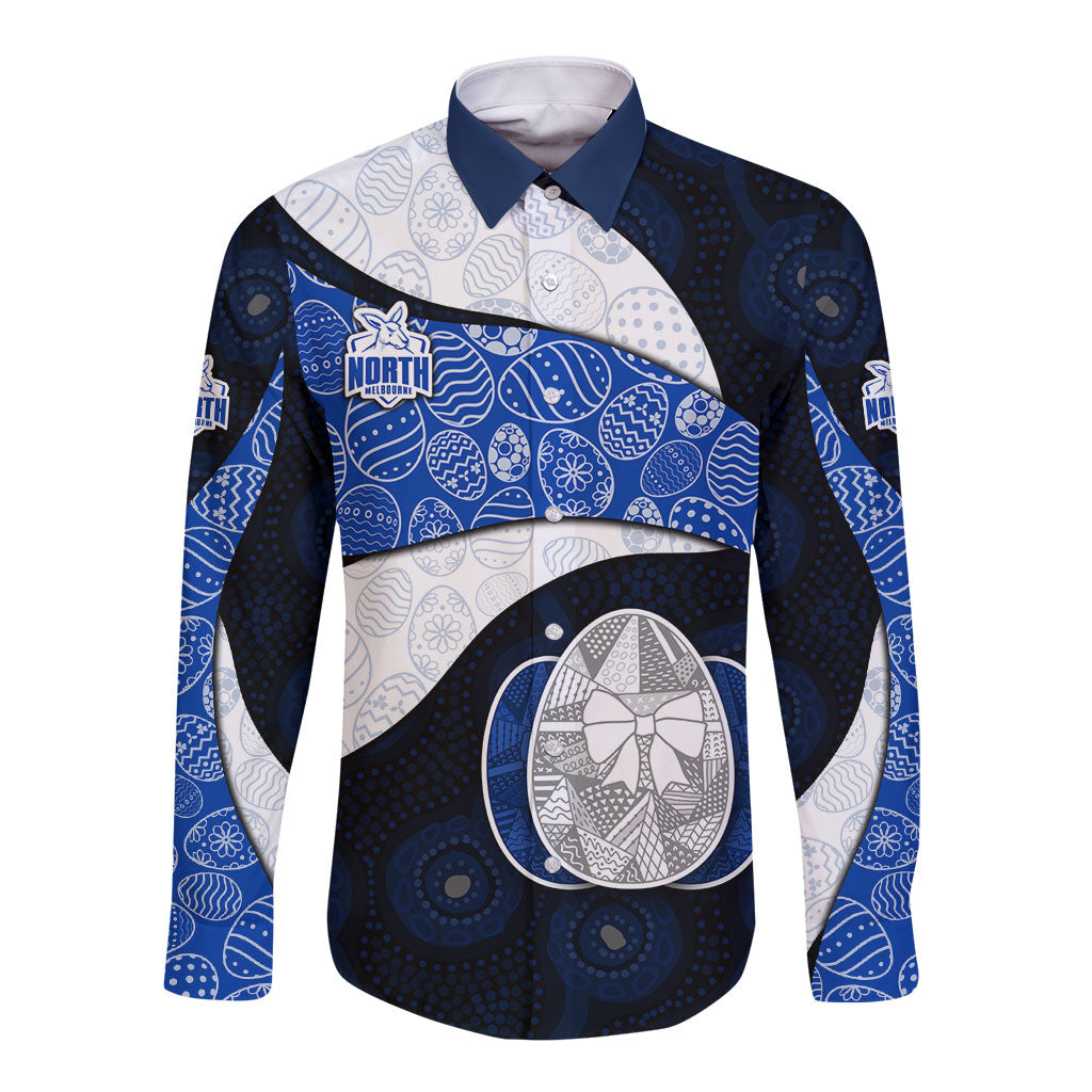 Personalized North Melbourne Football Long Sleeve Button Shirt Easter Egg Pattern Blue White Tribal Dot Art Style