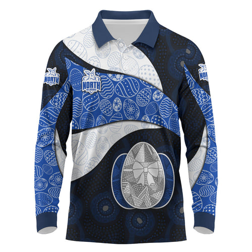 Personalized North Melbourne Football Long Sleeve Polo Shirt Easter Egg Pattern Blue White Tribal Dot Art Style
