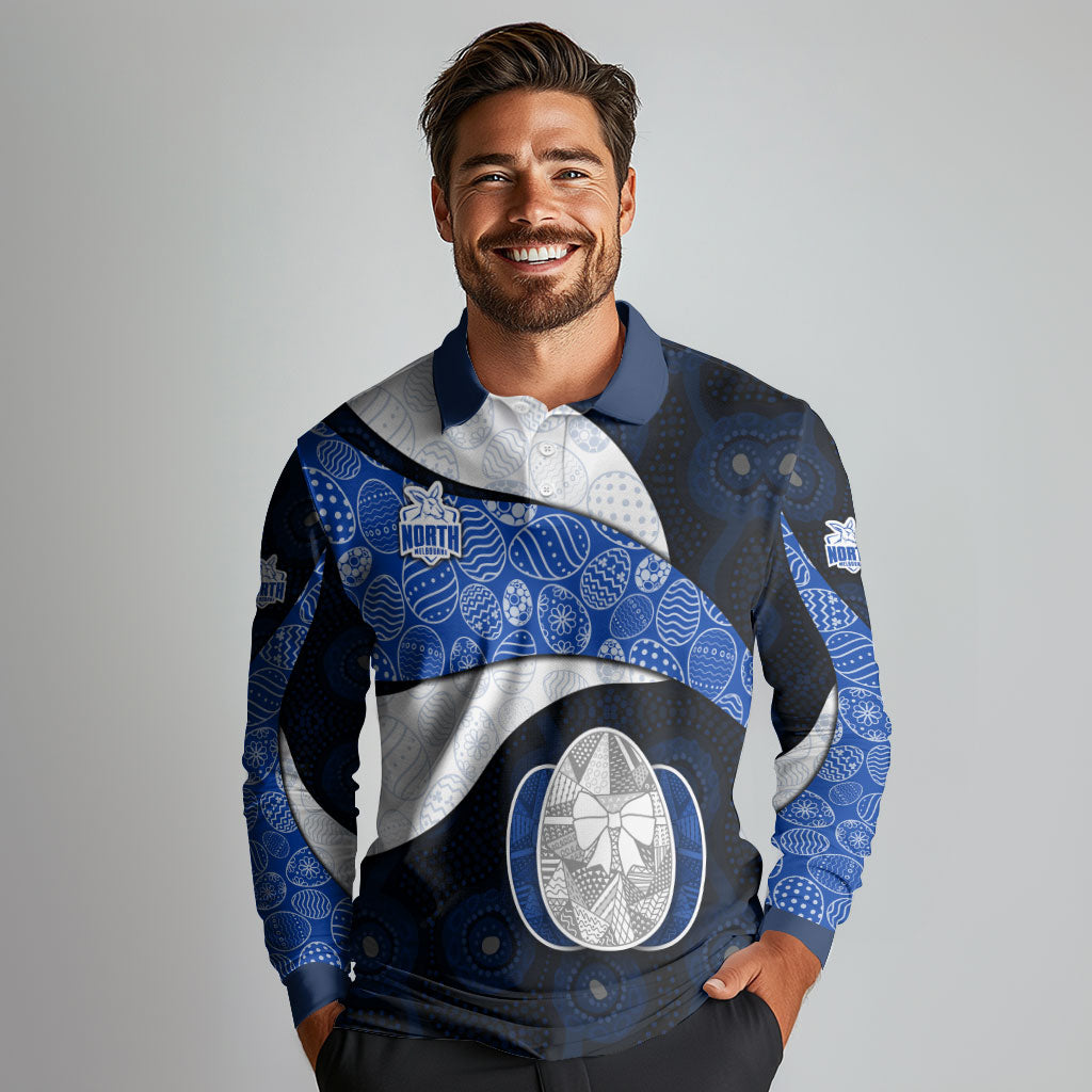 Personalized North Melbourne Football Long Sleeve Polo Shirt Easter Egg Pattern Blue White Tribal Dot Art Style