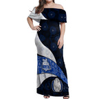 Personalized North Melbourne Football Off Shoulder Maxi Dress Easter Egg Pattern Blue White Tribal Dot Art Style