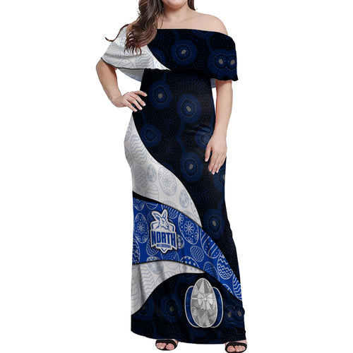 Personalized North Melbourne Football Off Shoulder Maxi Dress Easter Egg Pattern Blue White Tribal Dot Art Style