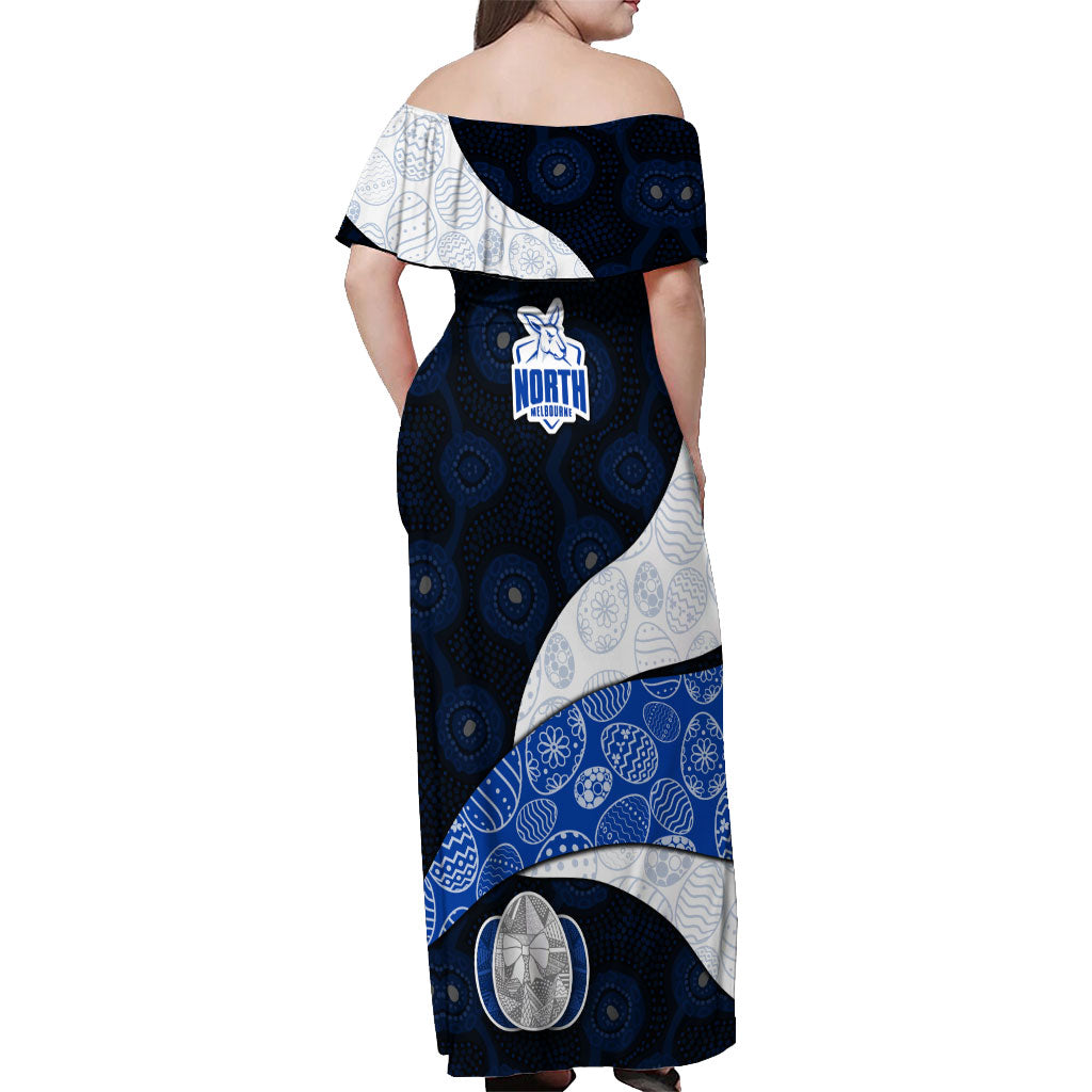 Personalized North Melbourne Football Off Shoulder Maxi Dress Easter Egg Pattern Blue White Tribal Dot Art Style