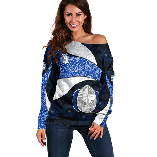 Personalized North Melbourne Football Off Shoulder Sweater Easter Egg Pattern Blue White Tribal Dot Art Style