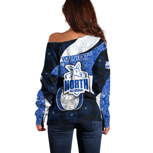 Personalized North Melbourne Football Off Shoulder Sweater Easter Egg Pattern Blue White Tribal Dot Art Style