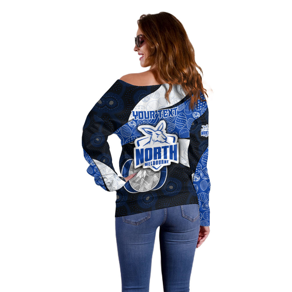 Personalized North Melbourne Football Off Shoulder Sweater Easter Egg Pattern Blue White Tribal Dot Art Style