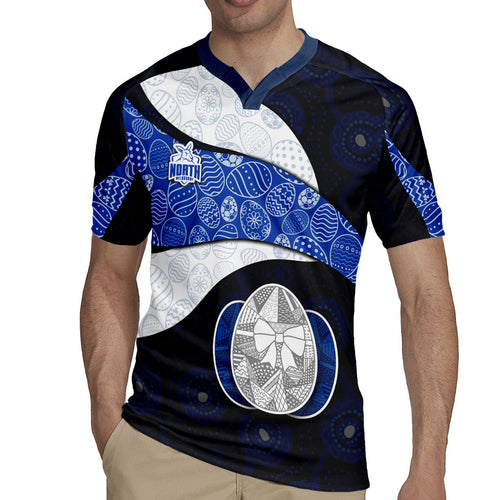 Personalized North Melbourne Football Rugby Jersey Easter Egg Pattern Blue White Tribal Dot Art Style