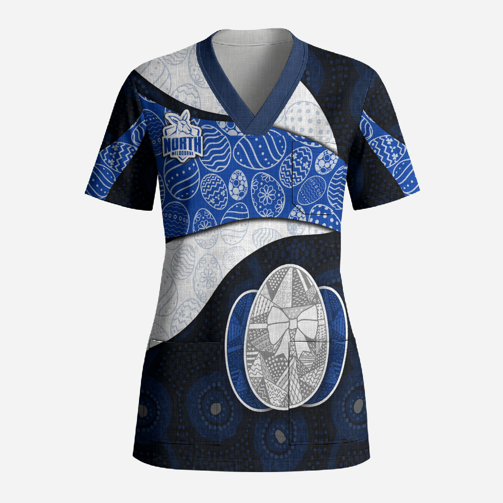 Personalized North Melbourne Football Scrub Top Easter Egg Pattern Blue White Tribal Dot Art Style