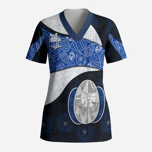 Personalized North Melbourne Football Scrub Top Easter Egg Pattern Blue White Tribal Dot Art Style