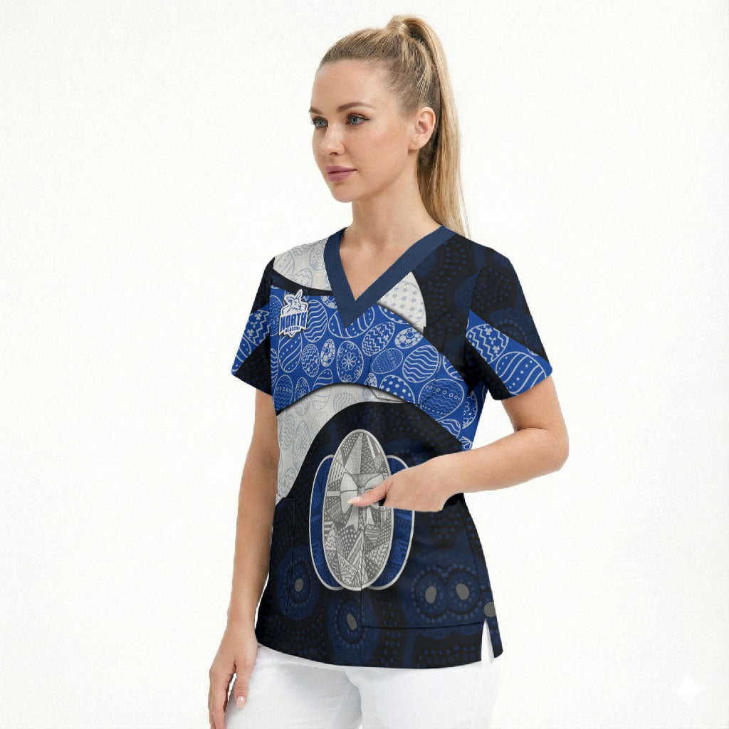 Personalized North Melbourne Football Scrub Top Easter Egg Pattern Blue White Tribal Dot Art Style