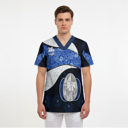 Personalized North Melbourne Football Scrub Top Easter Egg Pattern Blue White Tribal Dot Art Style