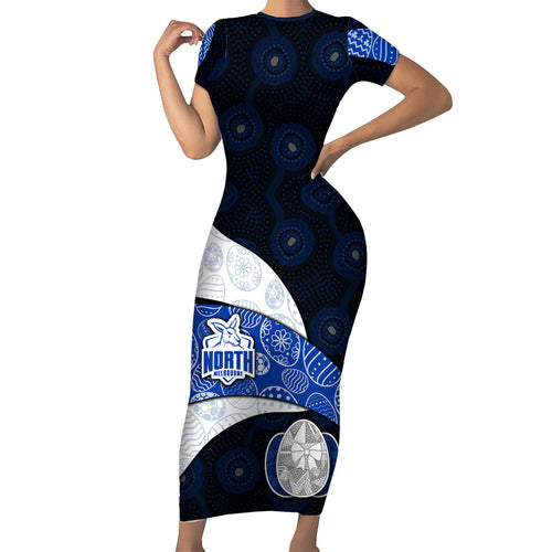 Personalized North Melbourne Football Short Sleeve Bodycon Dress Easter Egg Pattern Blue White Tribal Dot Art Style