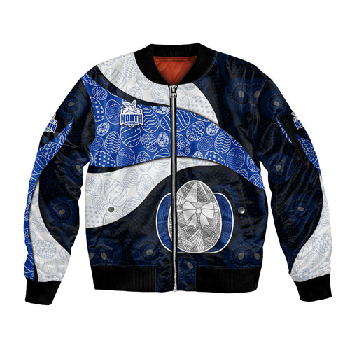 Personalized North Melbourne Football Sleeve Zip Bomber Jacket Easter Egg Pattern Blue White Tribal Dot Art Style