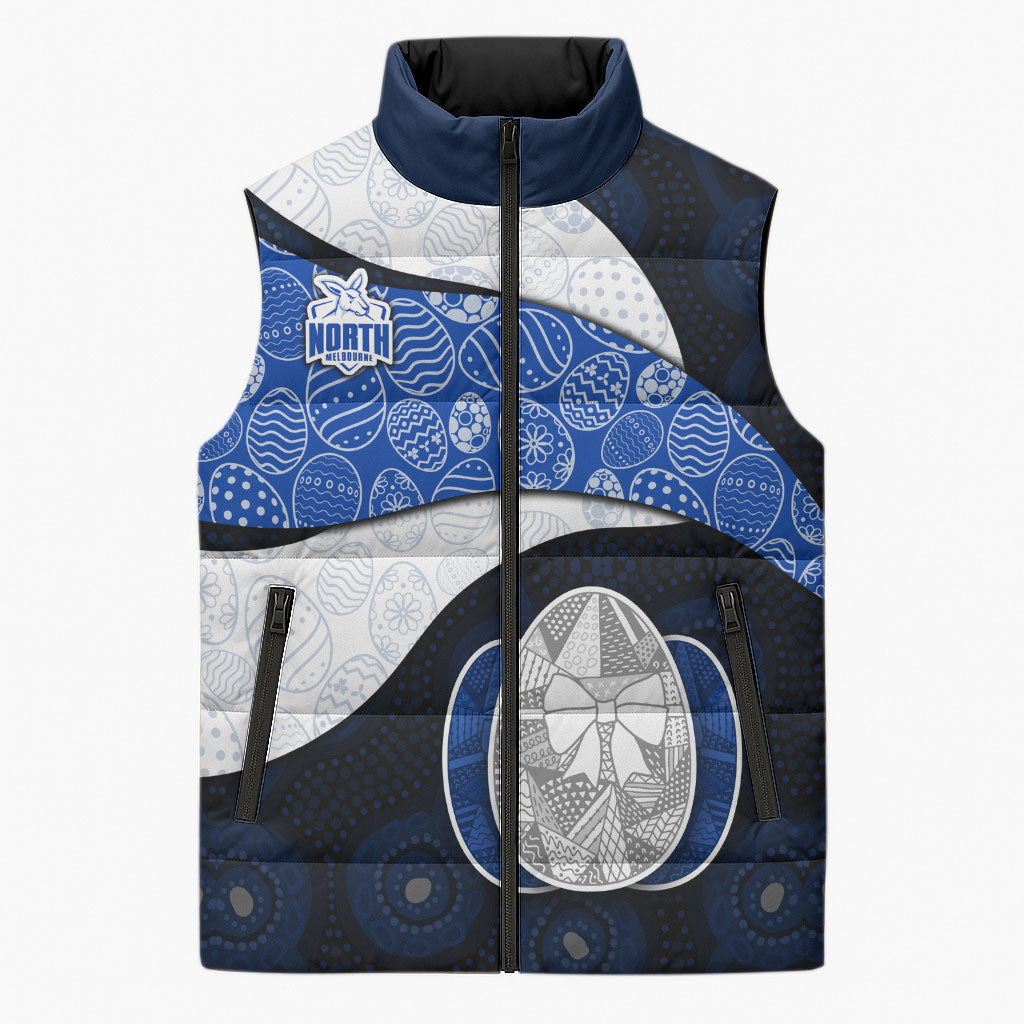Personalized North Melbourne Football Sleeveless Puffer Jacket Easter Egg Pattern Blue White Tribal Dot Art Style