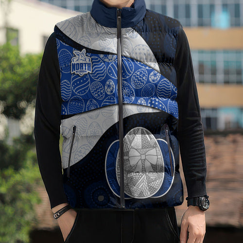 Personalized North Melbourne Football Sleeveless Puffer Jacket Easter Egg Pattern Blue White Tribal Dot Art Style
