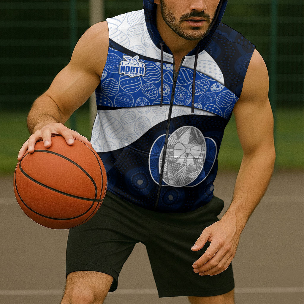 Personalized North Melbourne Football Sleeveless Zip Hoodie Easter Egg Pattern Blue White Tribal Dot Art Style