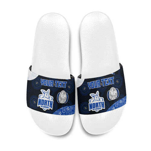 Personalized North Melbourne Football Slide Sandals Easter Egg Pattern Blue White Tribal Dot Art Style