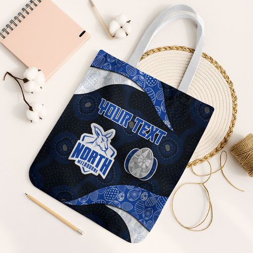 Personalized North Melbourne Football Tote Bag Easter Egg Pattern Blue White Tribal Dot Art Style