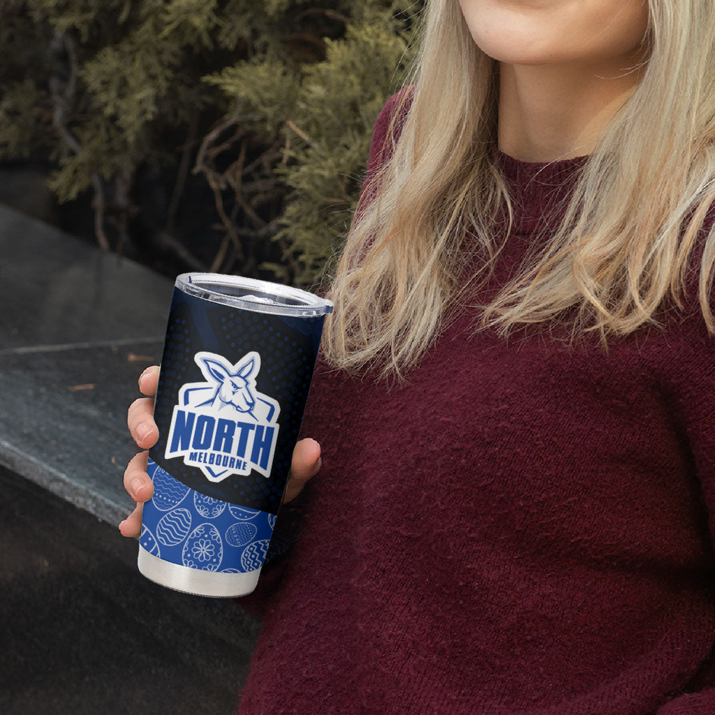 Personalized North Melbourne Football Tumbler Cup Easter Egg Pattern Blue White Tribal Dot Art Style