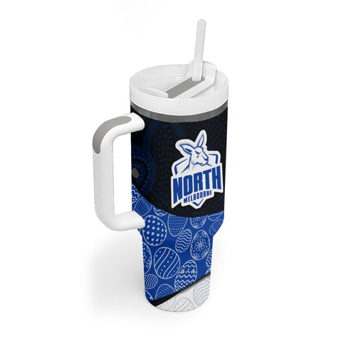 Personalized North Melbourne Football Tumbler With Handle Easter Egg Pattern Blue White Tribal Dot Art Style