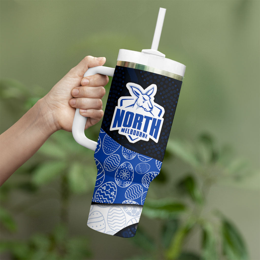 Personalized North Melbourne Football Tumbler With Handle Easter Egg Pattern Blue White Tribal Dot Art Style