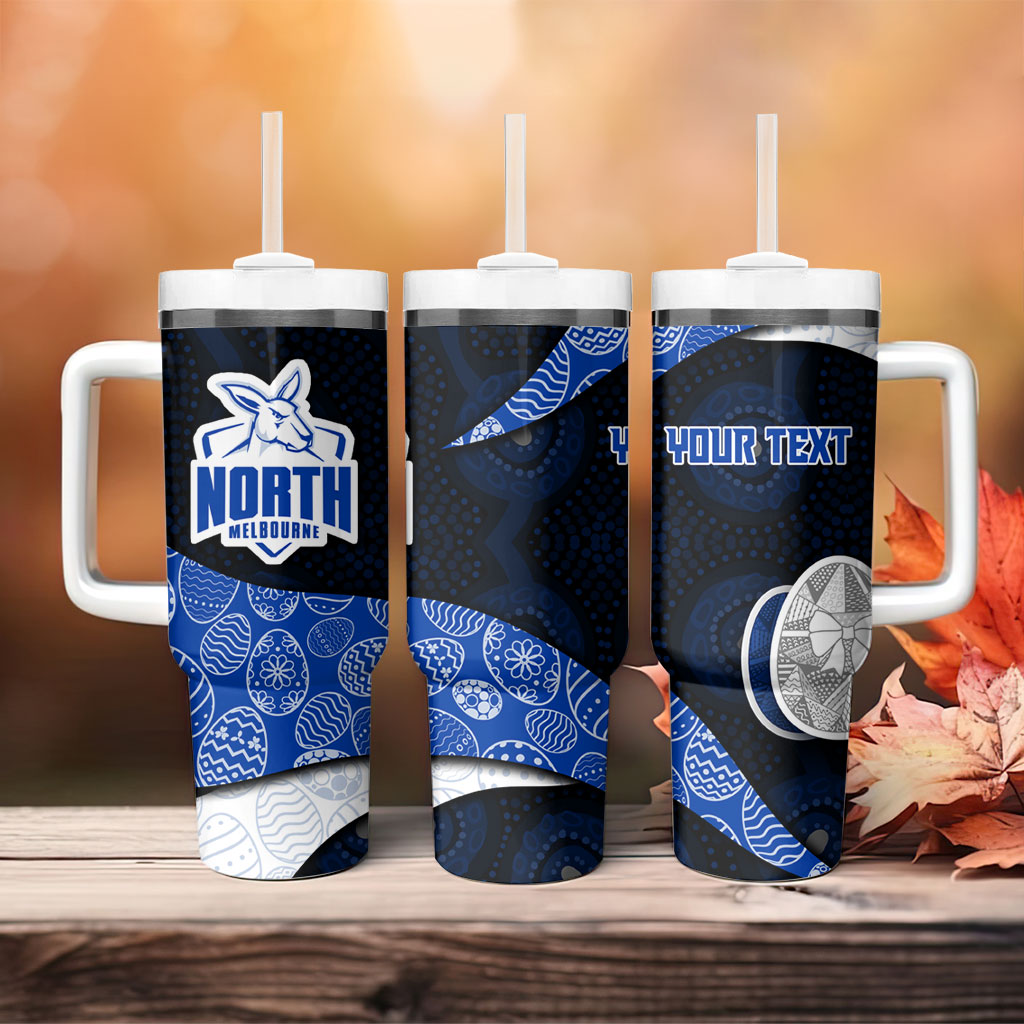 Personalized North Melbourne Football Tumbler With Handle Easter Egg Pattern Blue White Tribal Dot Art Style