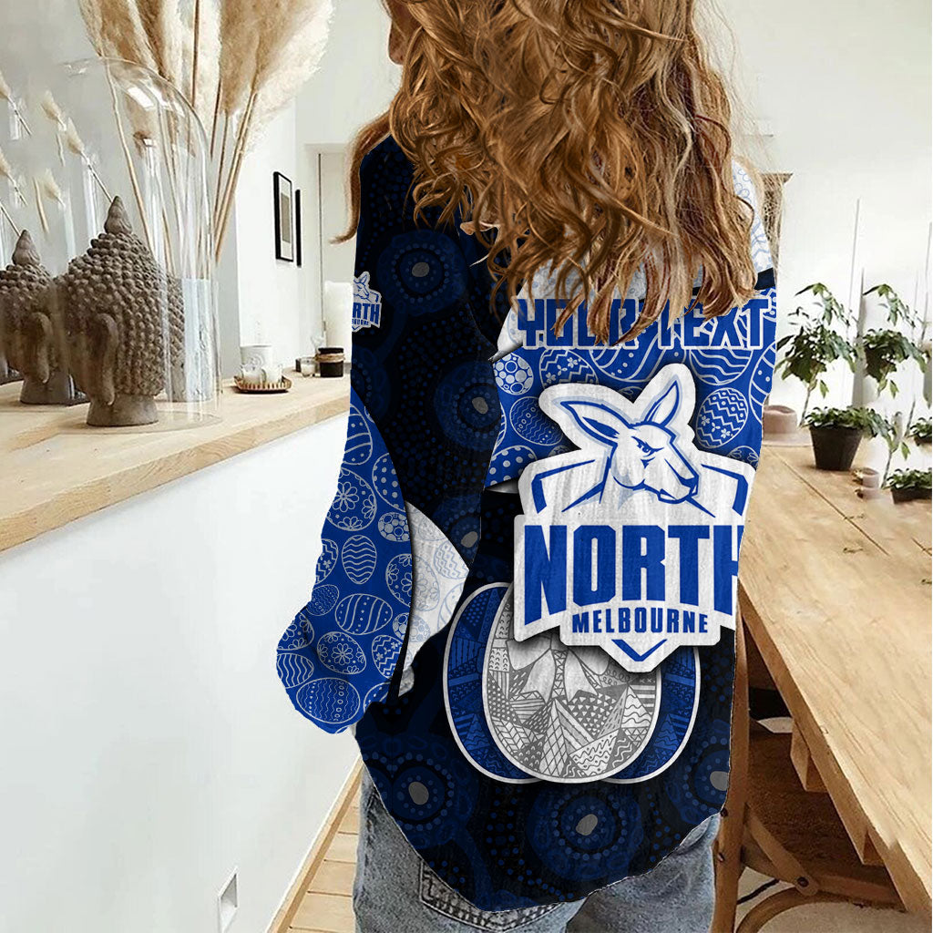 Personalized North Melbourne Football Women Casual Shirt Easter Egg Pattern Blue White Tribal Dot Art Style
