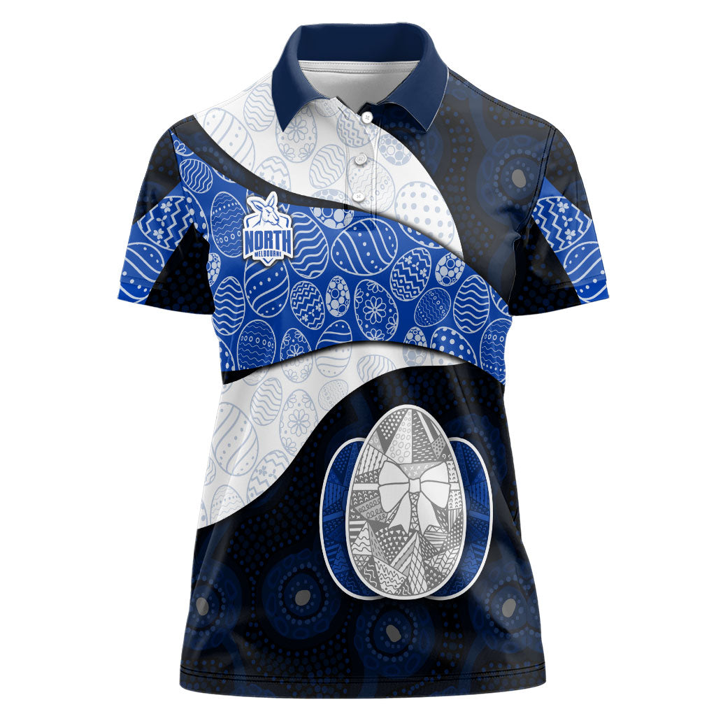 Personalized North Melbourne Football Women Polo Shirt Easter Egg Pattern Blue White Tribal Dot Art Style