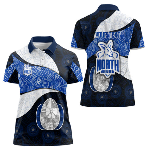 Personalized North Melbourne Football Women Polo Shirt Easter Egg Pattern Blue White Tribal Dot Art Style