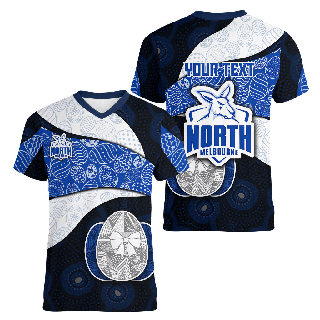 Personalized North Melbourne Football Women V-Neck T-Shirt Easter Egg Pattern Blue White Tribal Dot Art Style
