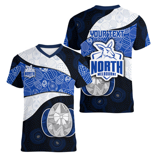 Personalized North Melbourne Football Women V-Neck T-Shirt Easter Egg Pattern Blue White Tribal Dot Art Style