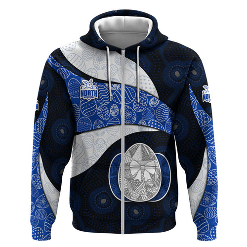 Personalized North Melbourne Football Zip Hoodie Easter Egg Pattern Blue White Tribal Dot Art Style