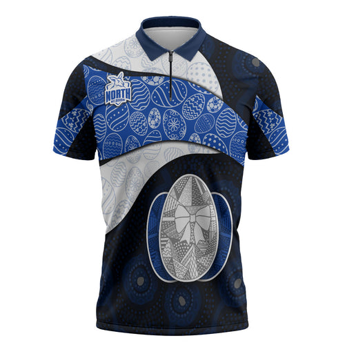 Personalized North Melbourne Football Zipper Polo Shirt Easter Egg Pattern Blue White Tribal Dot Art Style
