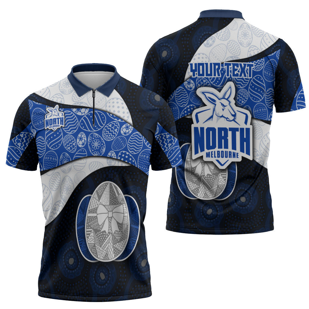 Personalized North Melbourne Football Zipper Polo Shirt Easter Egg Pattern Blue White Tribal Dot Art Style