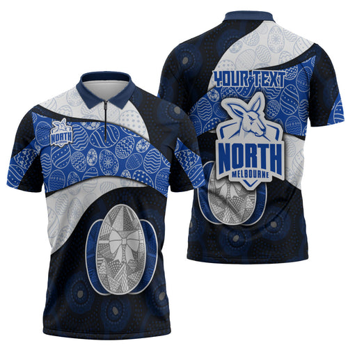 Personalized North Melbourne Football Zipper Polo Shirt Easter Egg Pattern Blue White Tribal Dot Art Style