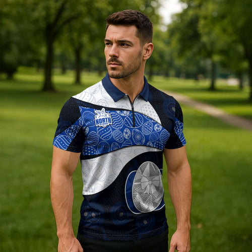 Personalized North Melbourne Football Zipper Polo Shirt Easter Egg Pattern Blue White Tribal Dot Art Style