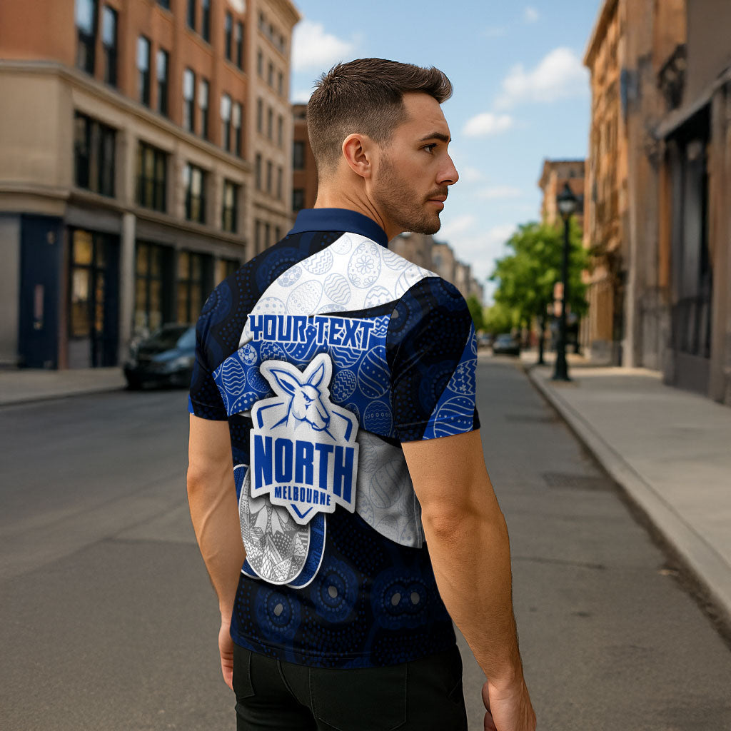 Personalized North Melbourne Football Zipper Polo Shirt Easter Egg Pattern Blue White Tribal Dot Art Style