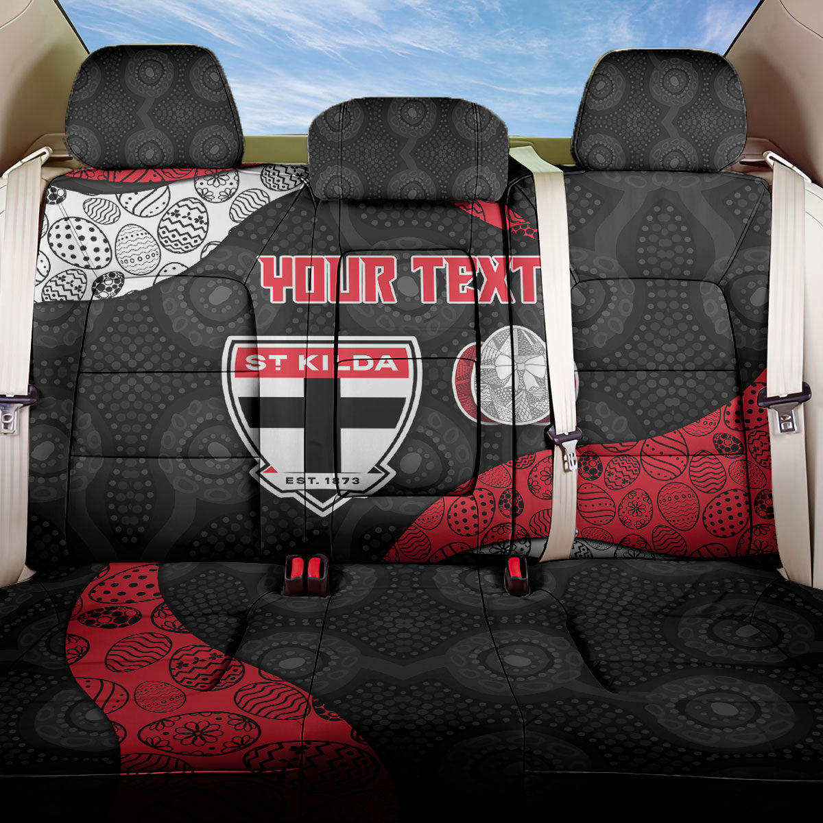 Personalized St Kilda Football Back Car Seat Cover Easter Egg Pattern Red Black White Tribal Dot Style