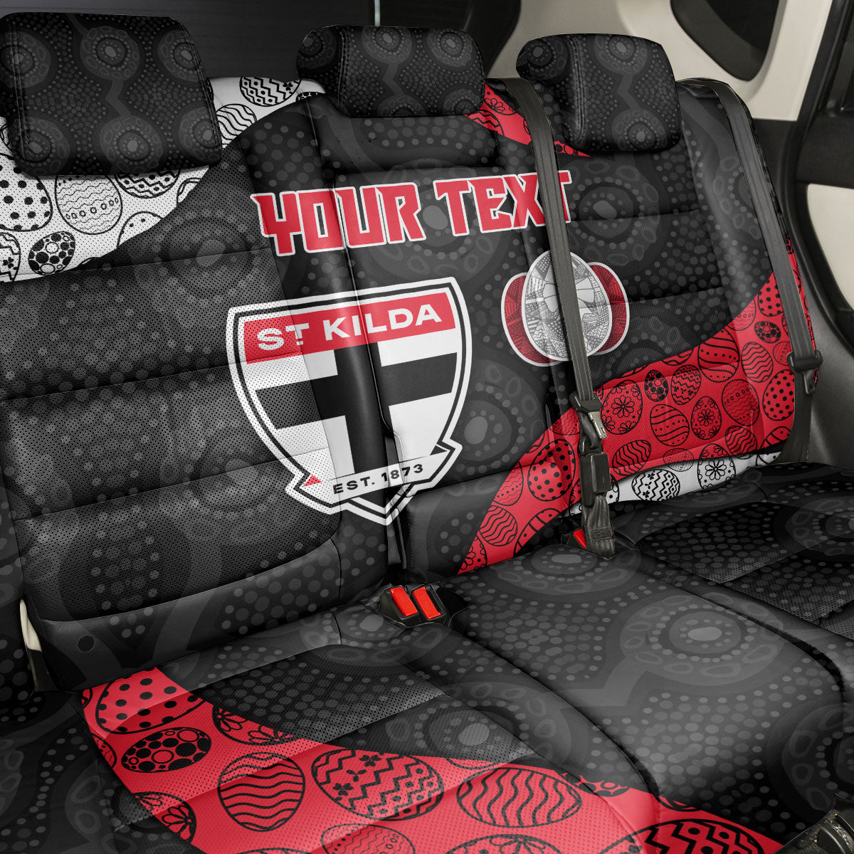 Personalized St Kilda Football Back Car Seat Cover Easter Egg Pattern Red Black White Tribal Dot Style