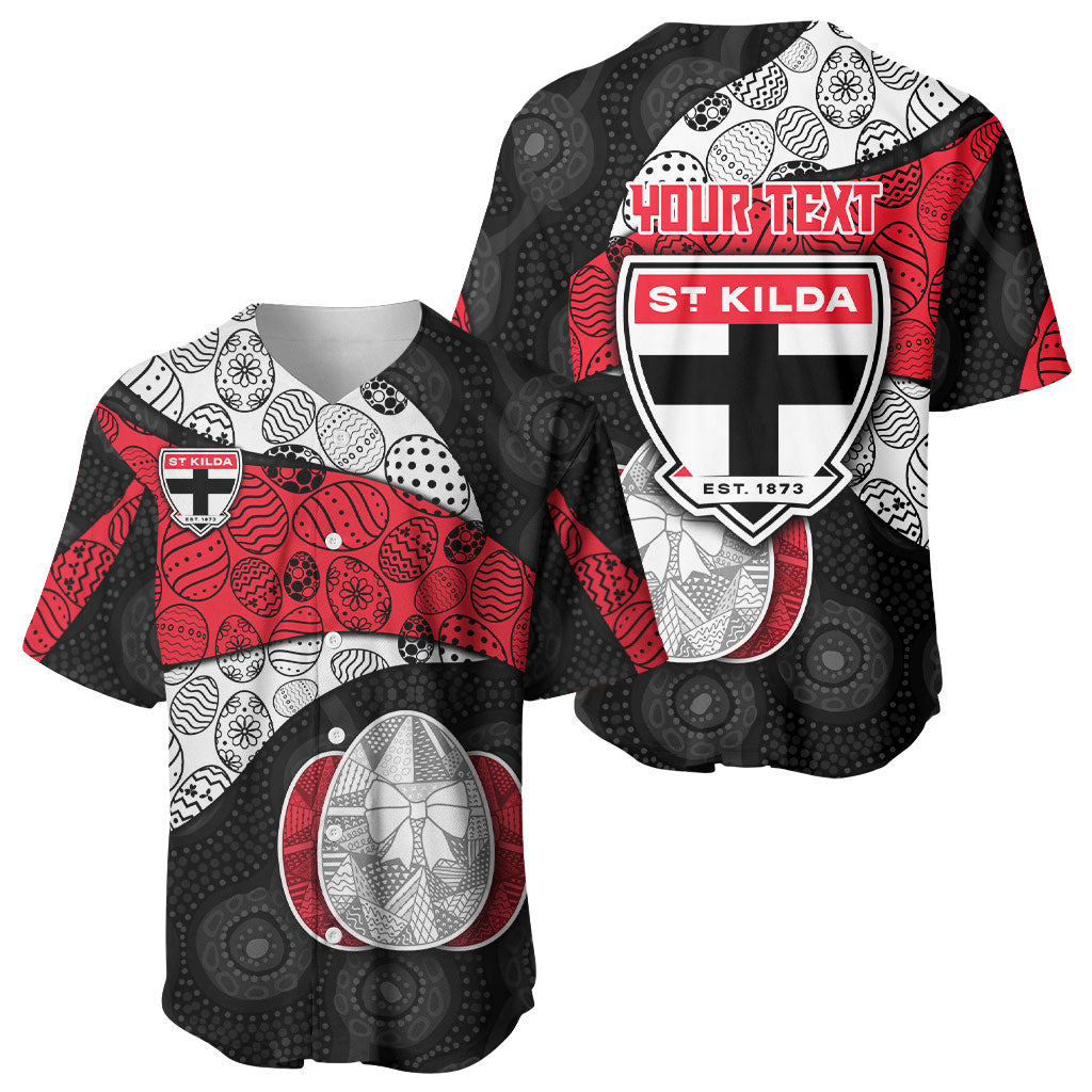 Personalized St Kilda Football Baseball Jersey Easter Egg Pattern Red Black White Tribal Dot Style