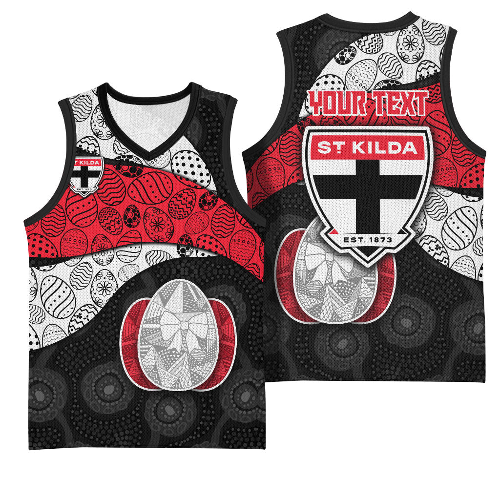 Personalized St Kilda Football Basketball Jersey Easter Egg Pattern Red Black White Tribal Dot Style