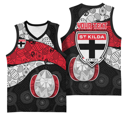 Personalized St Kilda Football Basketball Jersey Easter Egg Pattern Red Black White Tribal Dot Style