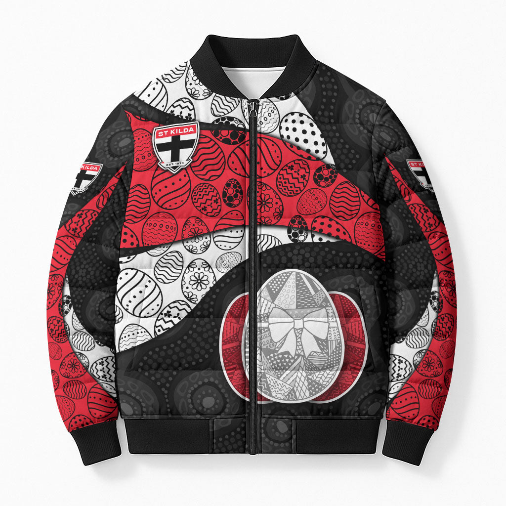 Personalized St Kilda Football Bomber Puffer Jacket Easter Egg Pattern Red Black White Tribal Dot Style
