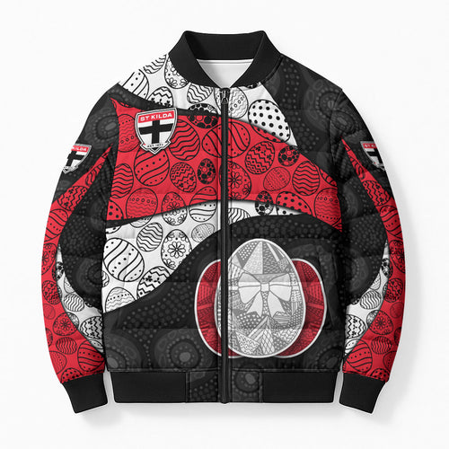 Personalized St Kilda Football Bomber Puffer Jacket Easter Egg Pattern Red Black White Tribal Dot Style
