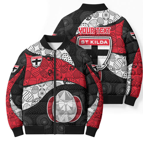 Personalized St Kilda Football Bomber Puffer Jacket Easter Egg Pattern Red Black White Tribal Dot Style